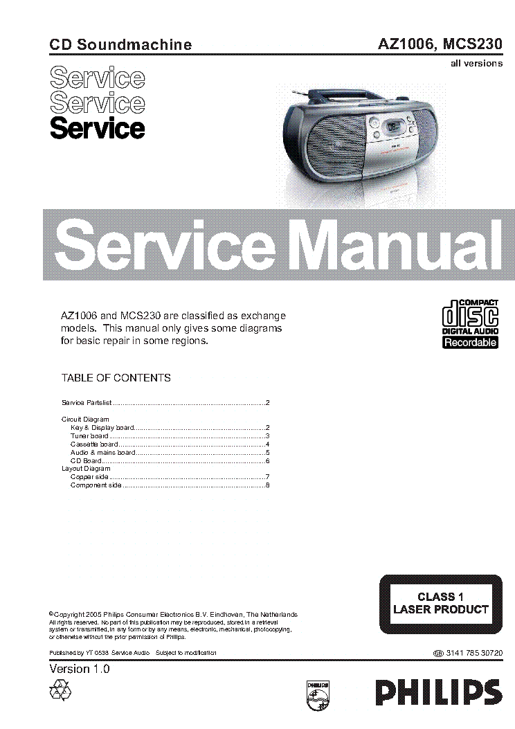 PHILIPS AZ1006 MCS230 SM service manual (1st page)
