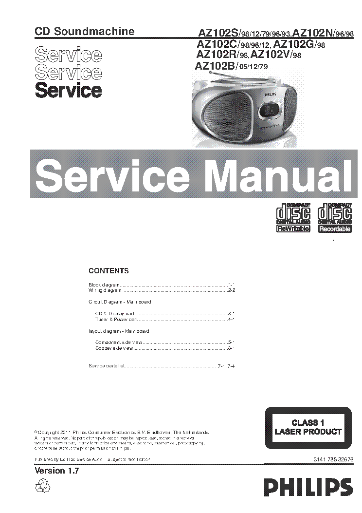 PHILIPS AZ102S C R B N G V CD SOUNDMACHINE SM service manual (1st page)