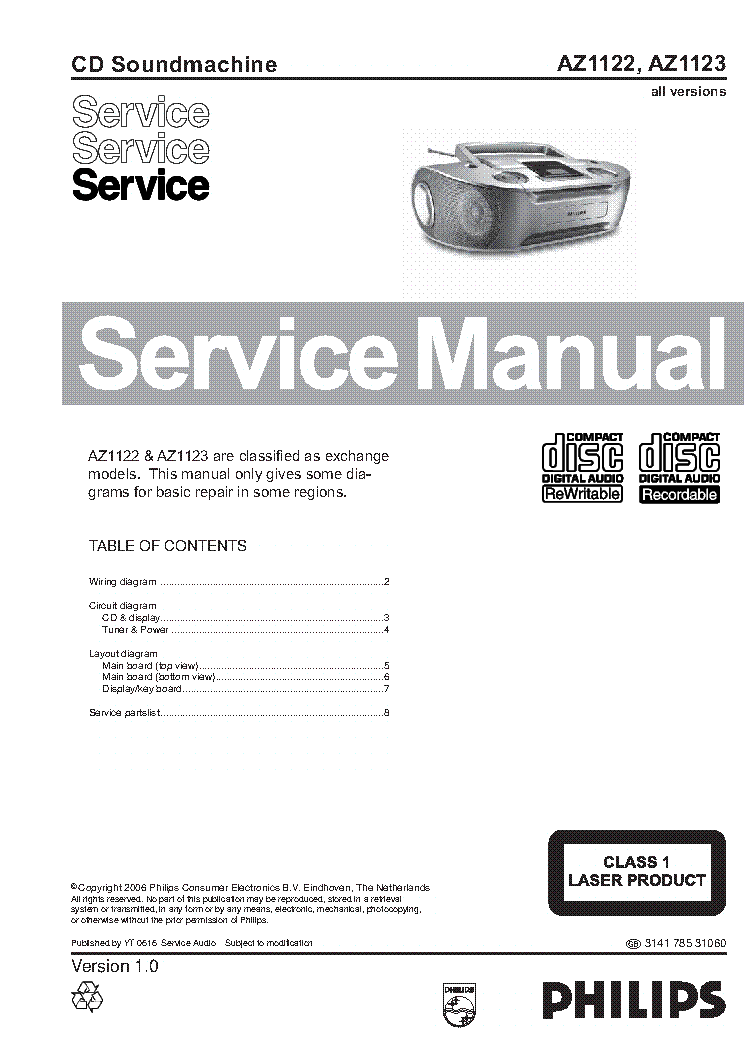PHILIPS AZ1122 AZ1123 ALL-VERSIONS SM service manual (1st page)