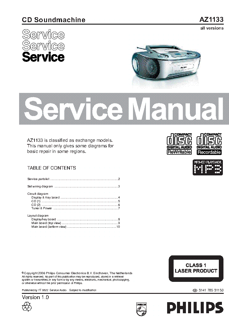 PHILIPS AZ1133 1 SM service manual (1st page)