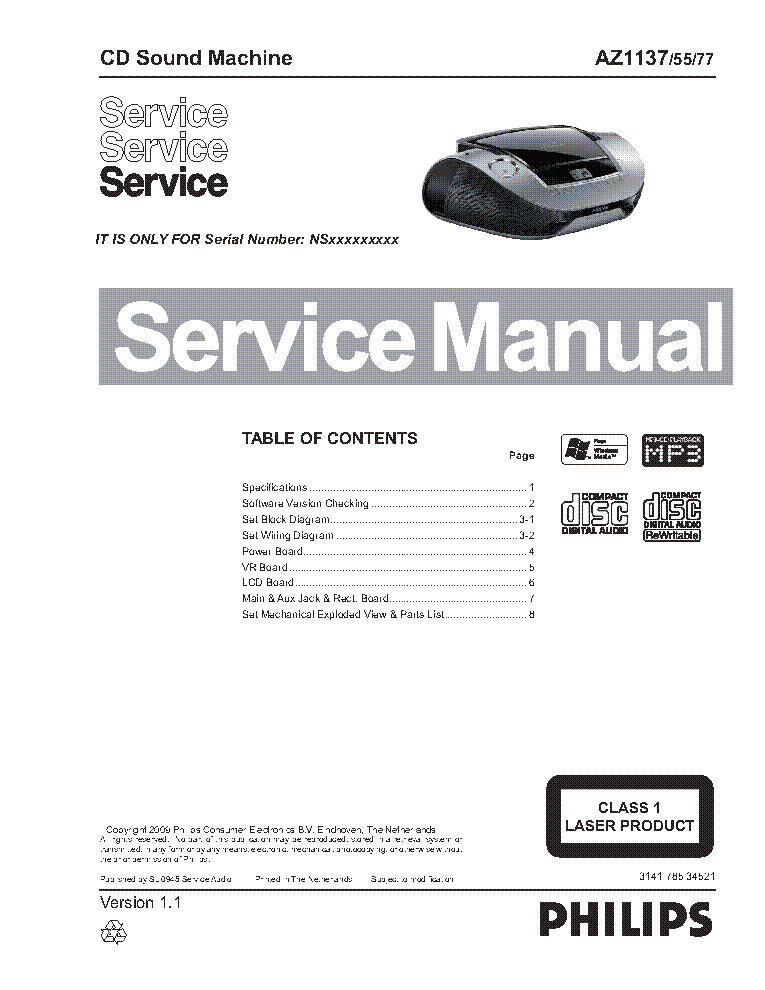 PHILIPS AZ1137 VER.1.1 service manual (1st page)