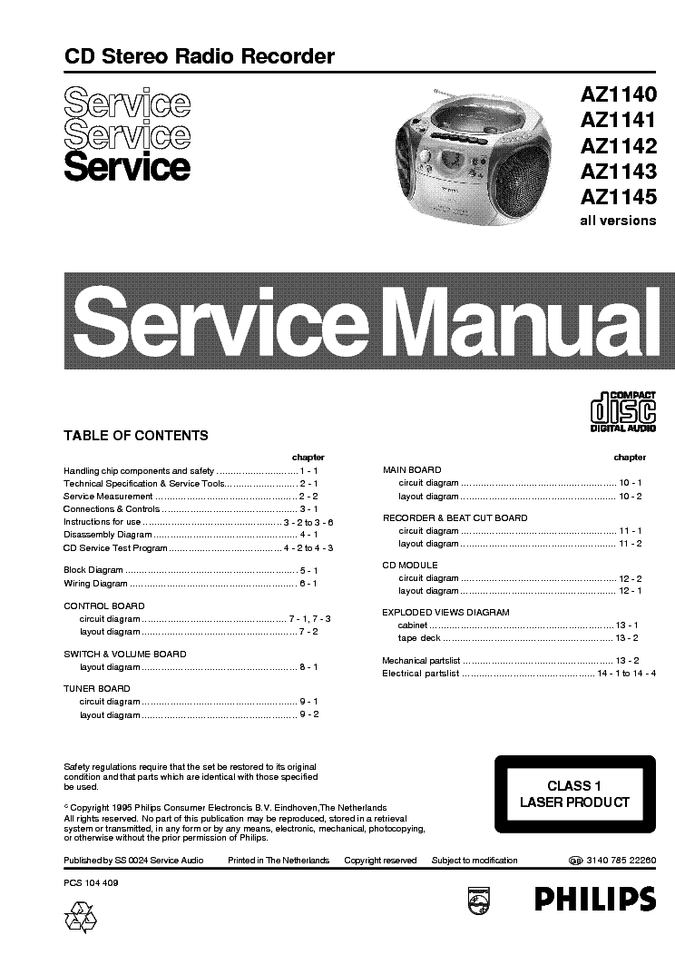PHILIPS AZ1140 1141 1142 1143 1145 service manual (1st page)