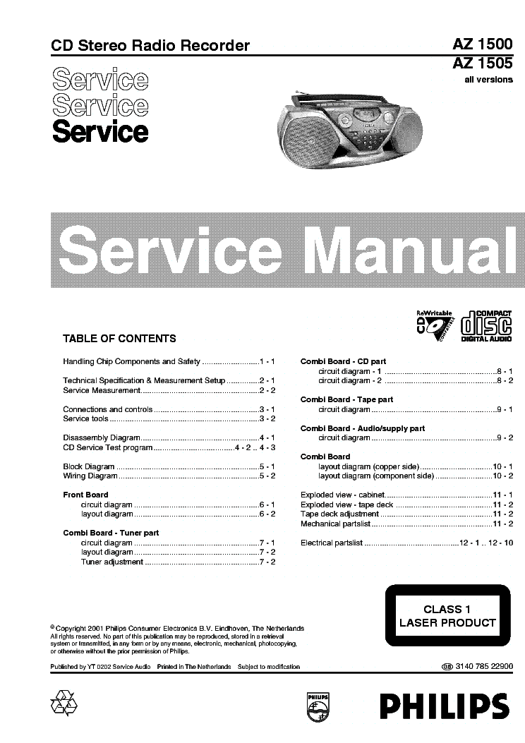 PHILIPS AZ1500 CD RADIO RECORDER SM service manual (1st page)