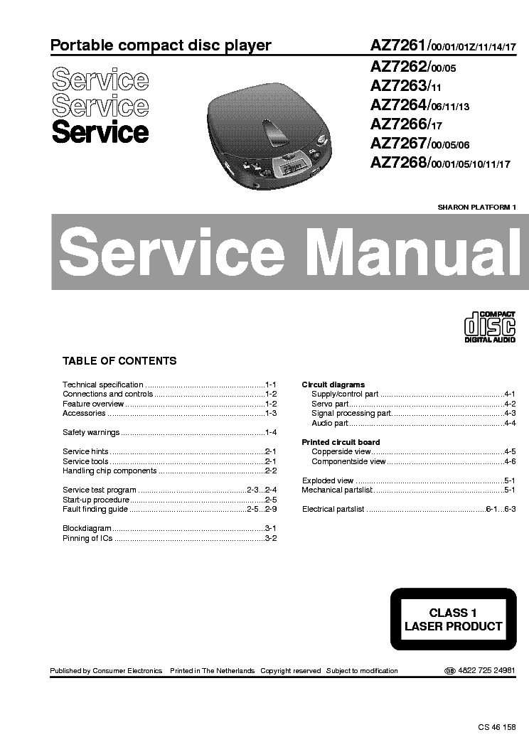 PHILIPS AZ7261 7261 7262 7263 7264 7266 7267 7268 SM service manual (1st page)