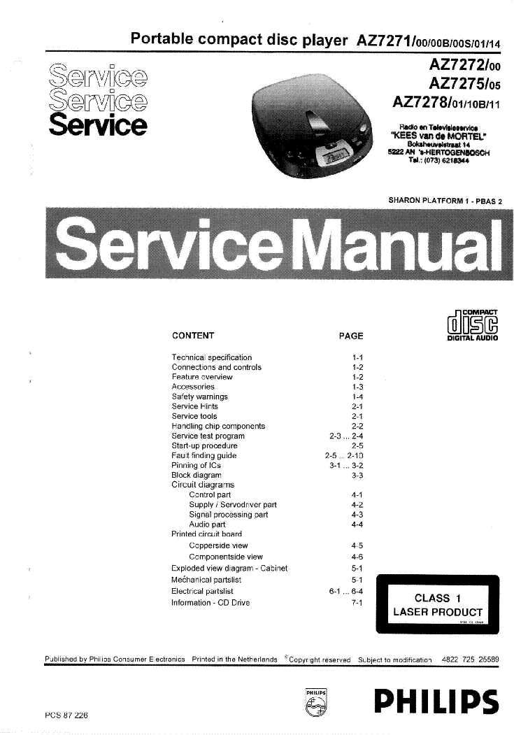 PHILIPS AZ7271 AZ7272 AZ7275 AZ7278 SM SI service manual (1st page)