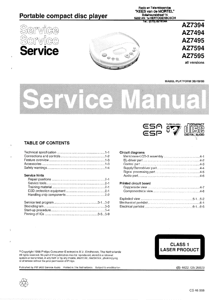 PHILIPS AZ7394 AZ7494 AZ7495 AZ7594 AZ7595 ALL VERSIONS SM service manual (1st page)