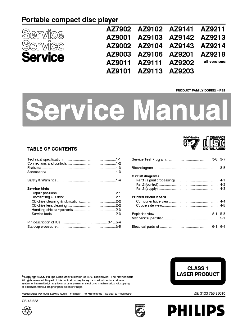 PHILIPS AZ7902 AZ9XXX 310378525010 service manual (1st page)