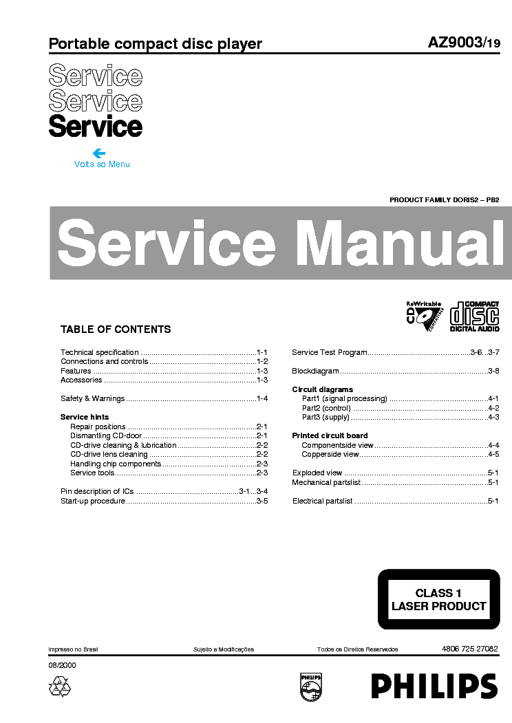 PHILIPS AZ9003-19 PORTABLE CD PLAYER SM service manual (1st page)
