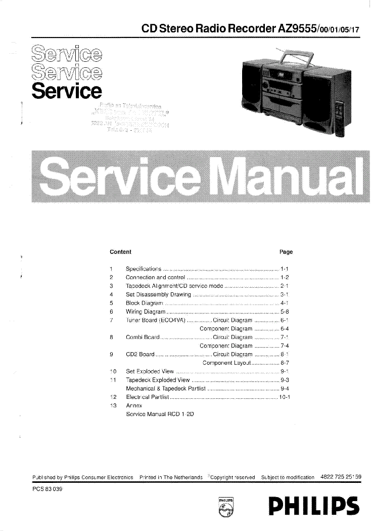 PHILIPS AZ9555 SM SI service manual (1st page)