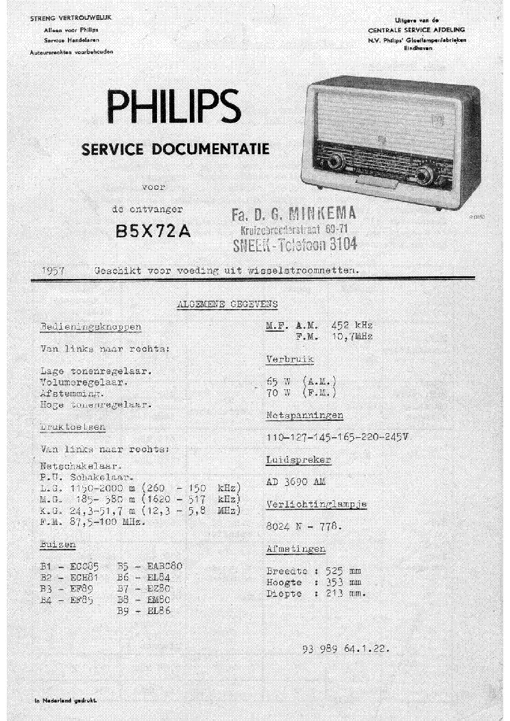 PHILIPS B5X72A AM-FM TABLE RADIO 1957 SM service manual (1st page)