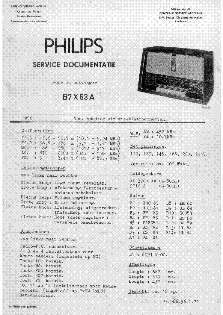 PHILIPS B7X63A AM-FM TABLE STEREO RADIO 1956 SM service manual (1st page)
