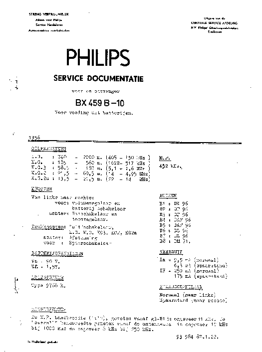 PHILIPS BX459B BATTERY RADIO SM service manual (1st page)