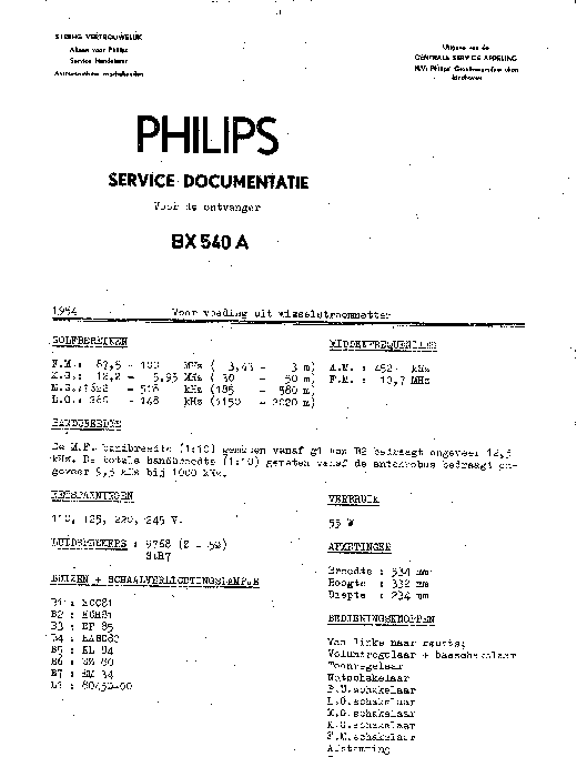 PHILIPS BX540A RADIO 1954 SM service manual