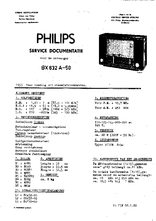 PHILIPS BX632A-50 RADIO 1953 SM service manual (1st page)