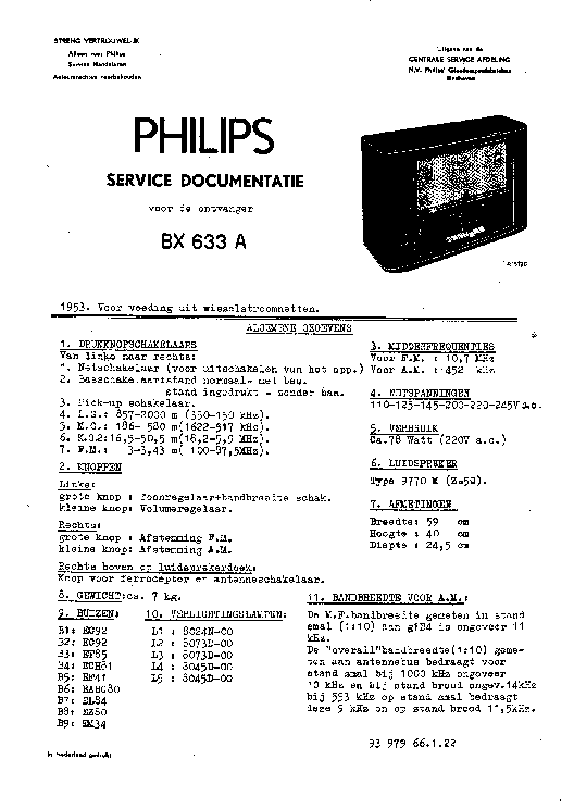 PHILIPS BX633A RADIO 1953 SM service manual (1st page)