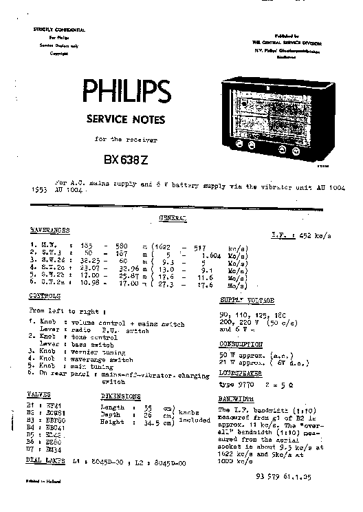 PHILIPS BX638Z 6V-VIBRATOR RADIO 1953 SM service manual (1st page)