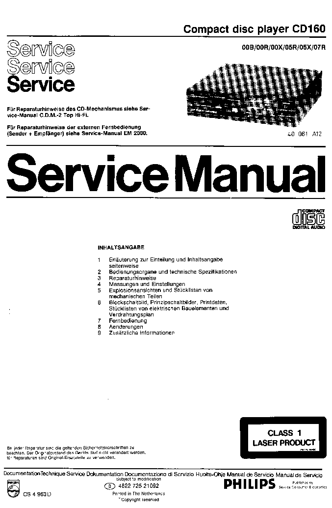 Service Manual-Anleitung für Philips CD 160 