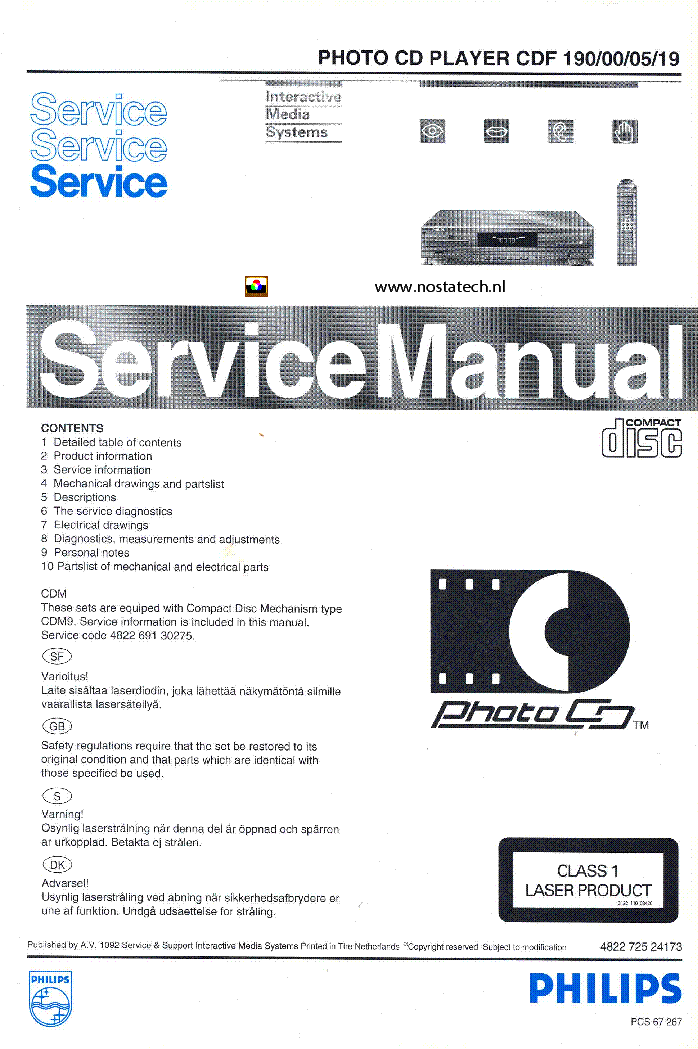 PHILIPS CDF190 SERIE PHOTO CD PLAYER service manual (1st page)