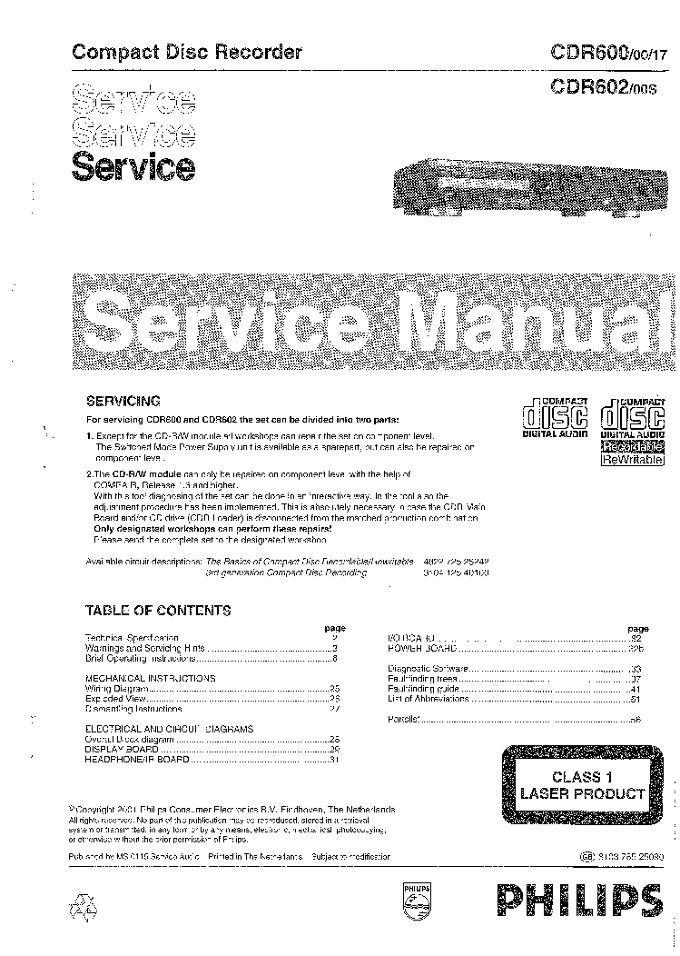 PHILIPS CDR600-00-17 CDR602-00S SM service manual (1st page)