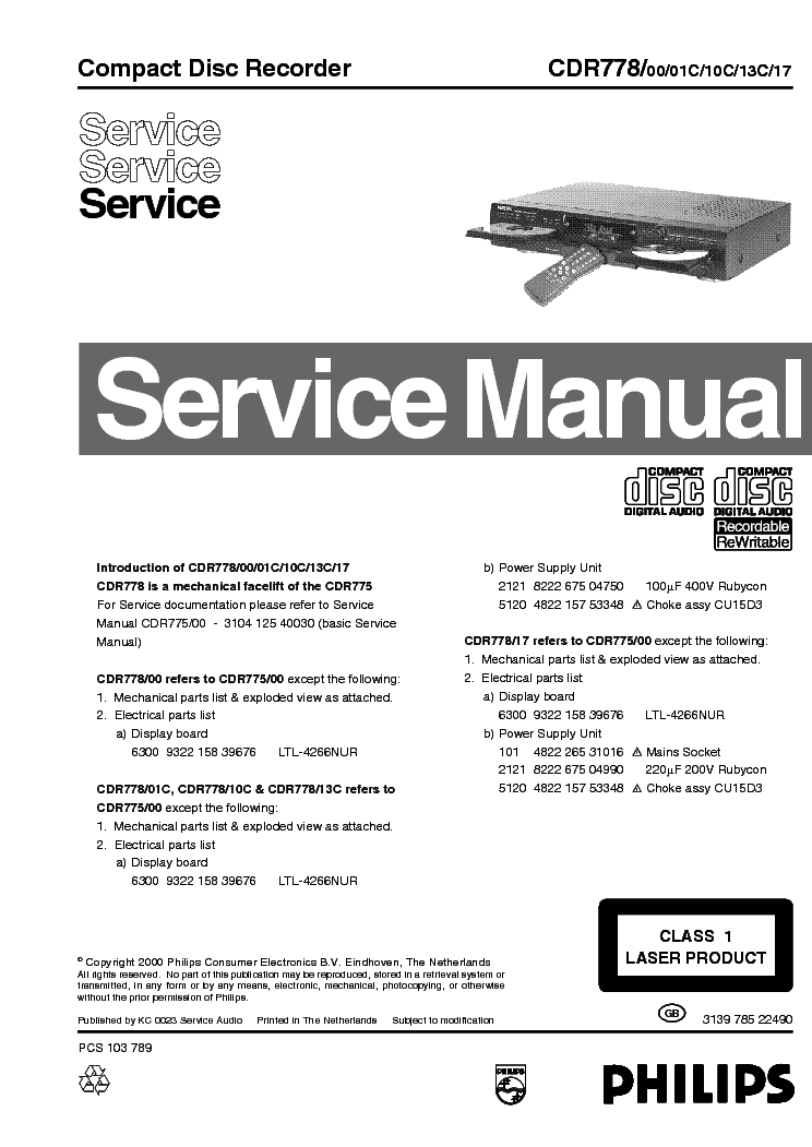 PHILIPS CDR778 SM service manual (1st page)