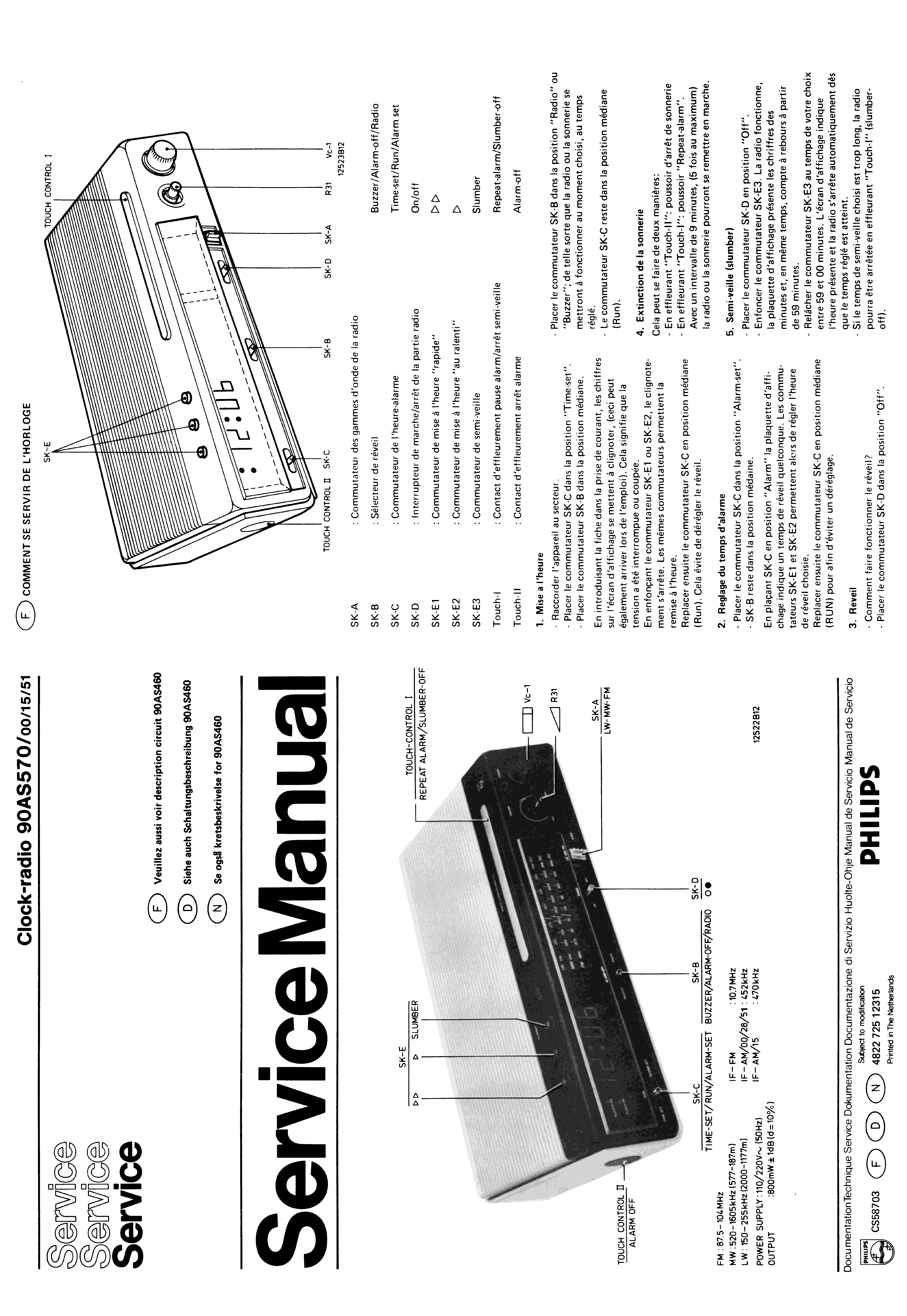 PHILIPS CLOCK-RADIO 90AS570 SM service manual (1st page)