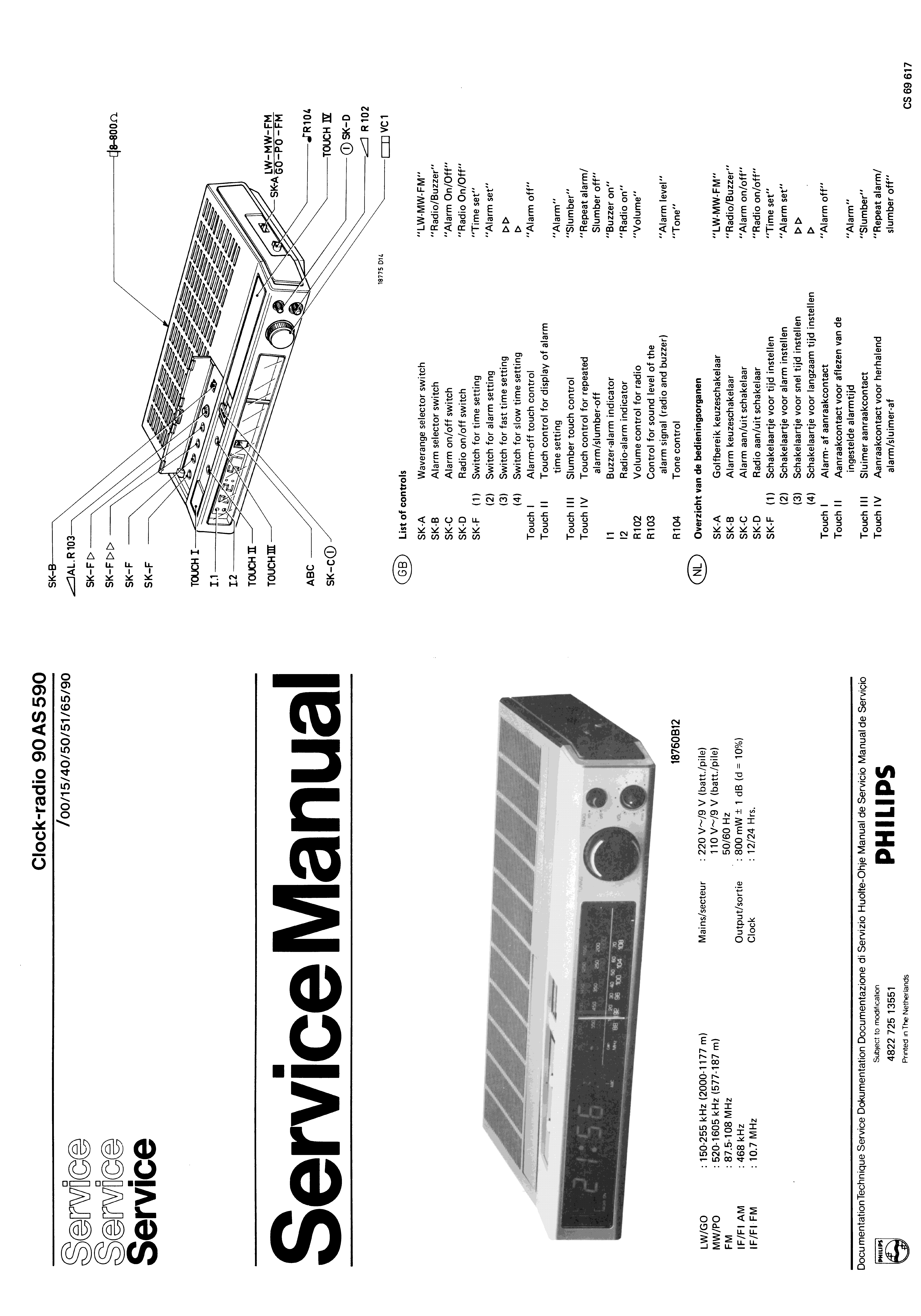 PHILIPS CLOCK-RADIO 90AS590 SM service manual (1st page)