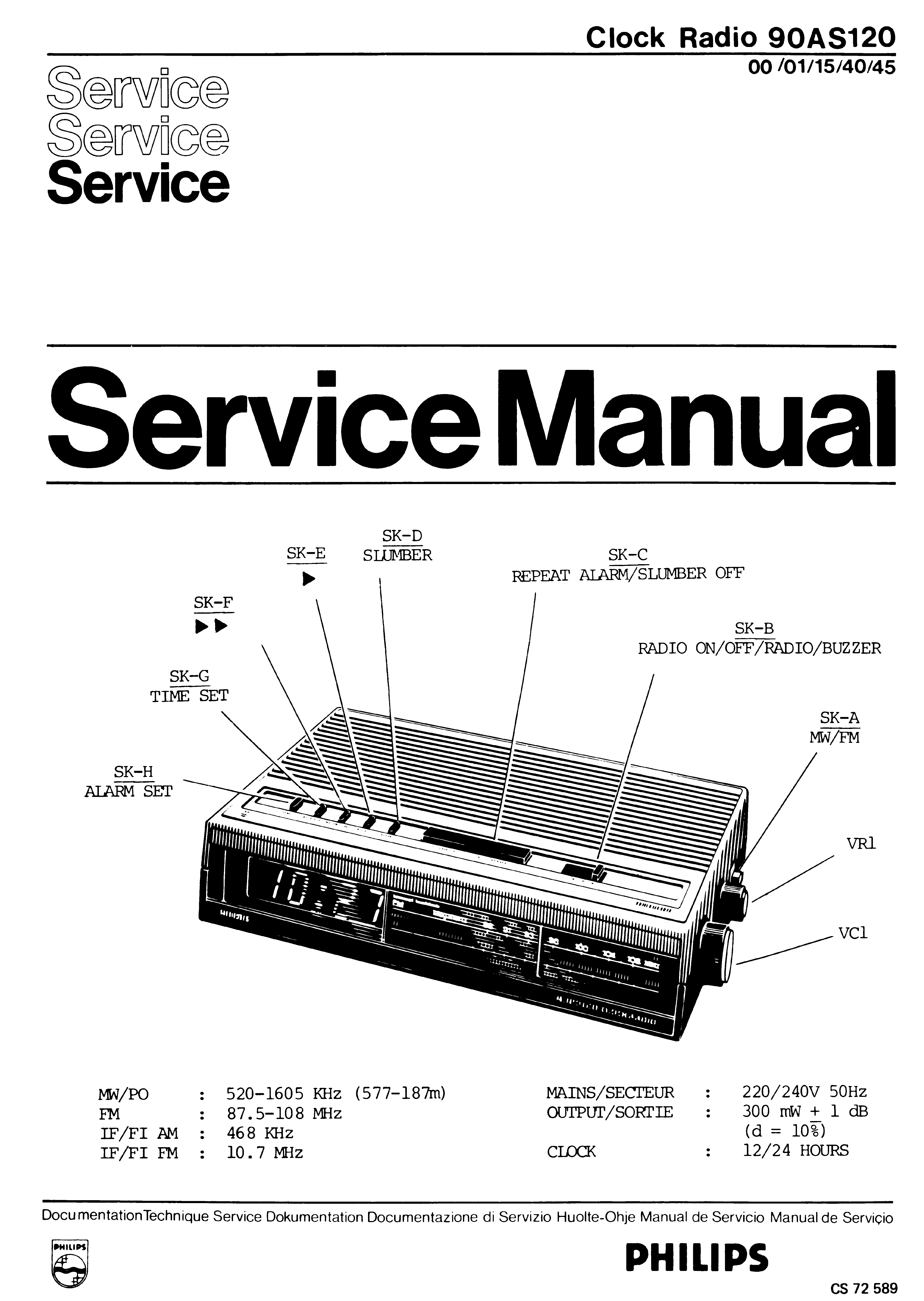 PHILIPS CLOCK RADIO 90AS120 SM service manual (1st page)
