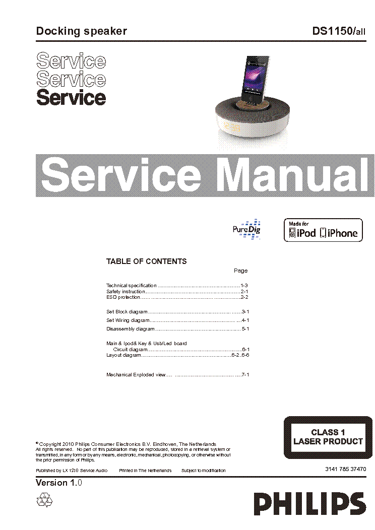PHILIPS DS1150 VER.1.0 DOCKING SPEAKER service manual (1st page)