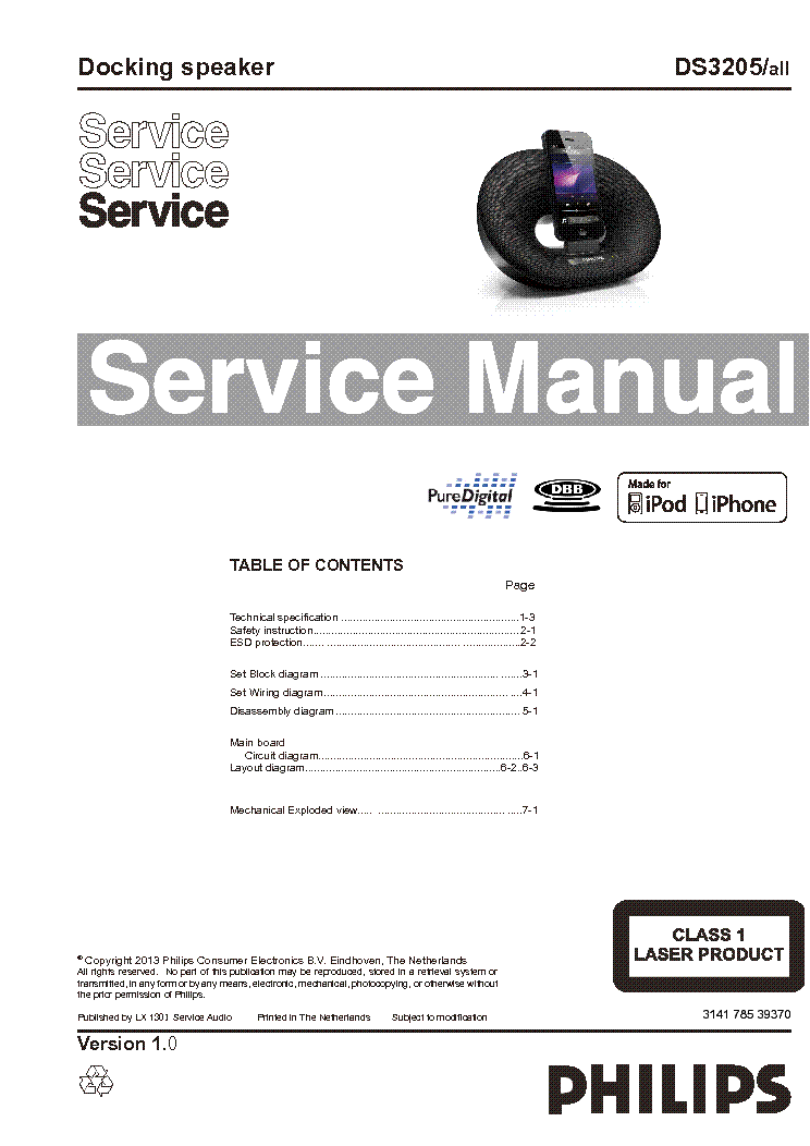 PHILIPS DS3205 VER.1.0 DOCKING SPEAKER service manual (1st page)