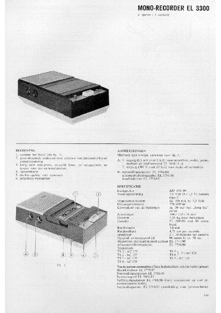 PHILIPS EL3300 MONO CASSETTE RECORDER SM service manual (1st page)