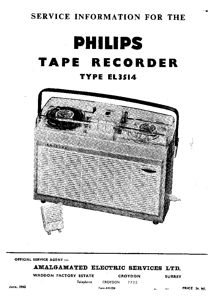 PHILIPS EL3514 TAPERECORDER 1962 SM service manual (1st page)