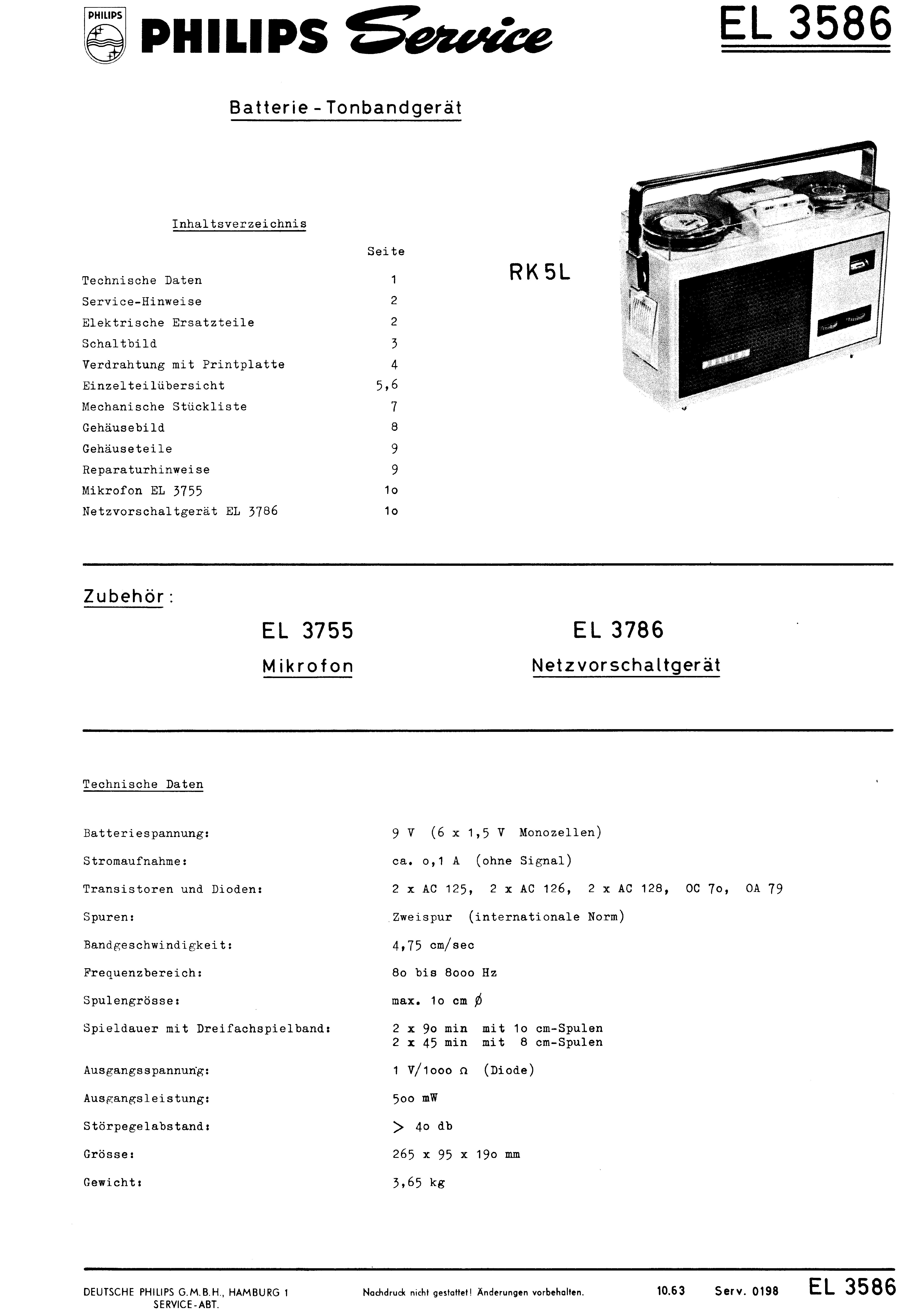 PHILIPS EL 3586 BATTERIE-TONBANDGERAET SM service manual (1st page)