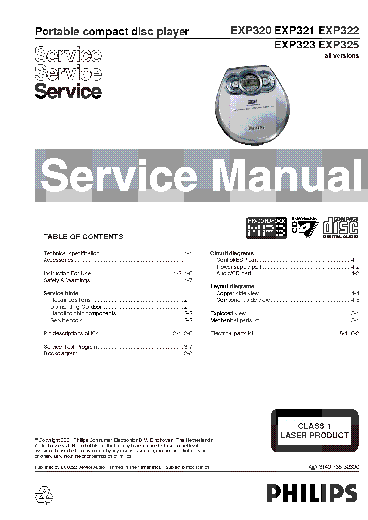 PHILIPS EXP320 EXP321 EXP322 EXP323 EXP325 SM service manual (1st page)