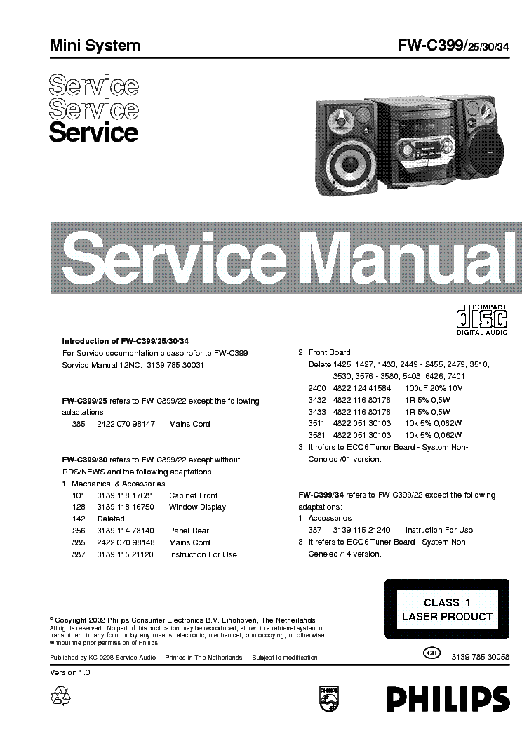 PHILIPS FW-C399 25 30 34 SM service manual (1st page)