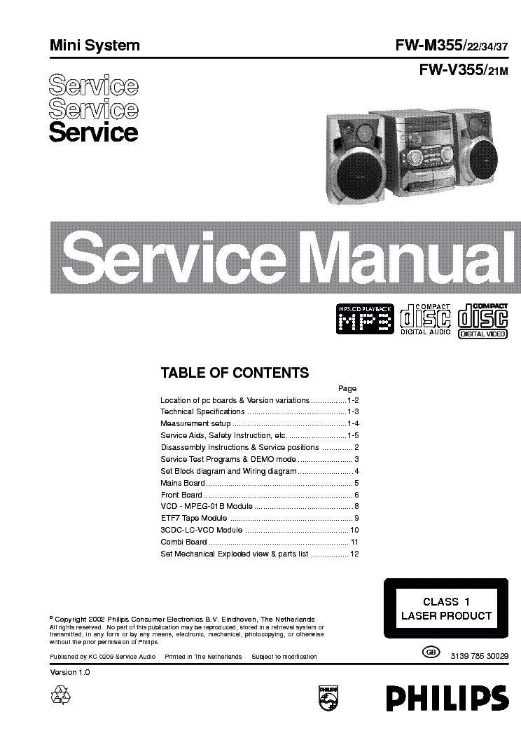 PHILIPS FW-M355-22 34 37 FW-V355-21M VER1.0 service manual (1st page)