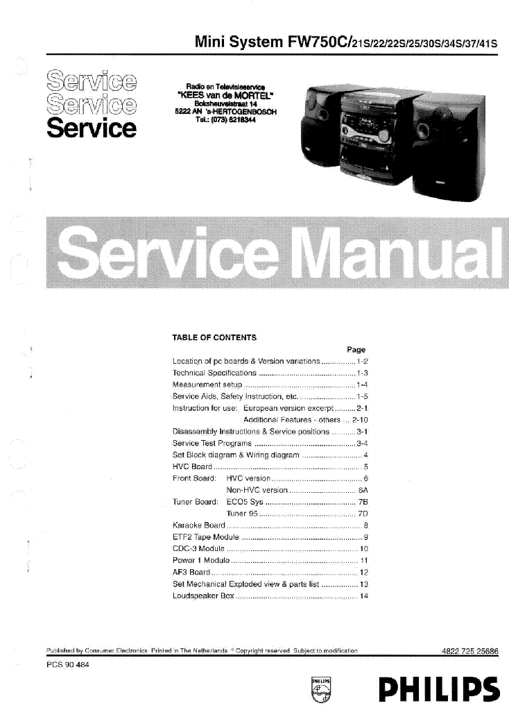 PHILIPS FW750C 21S 22 22S 25 30S 34S 37 41S SM service manual