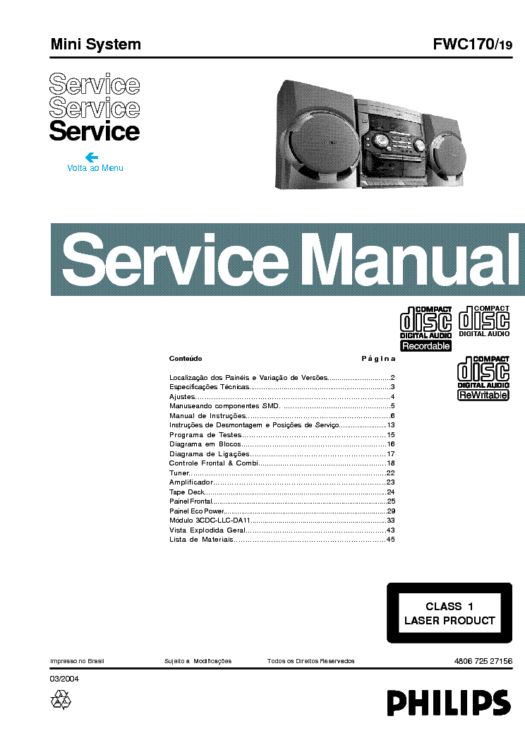 PHILIPS FWC170-19 SM service manual (1st page)