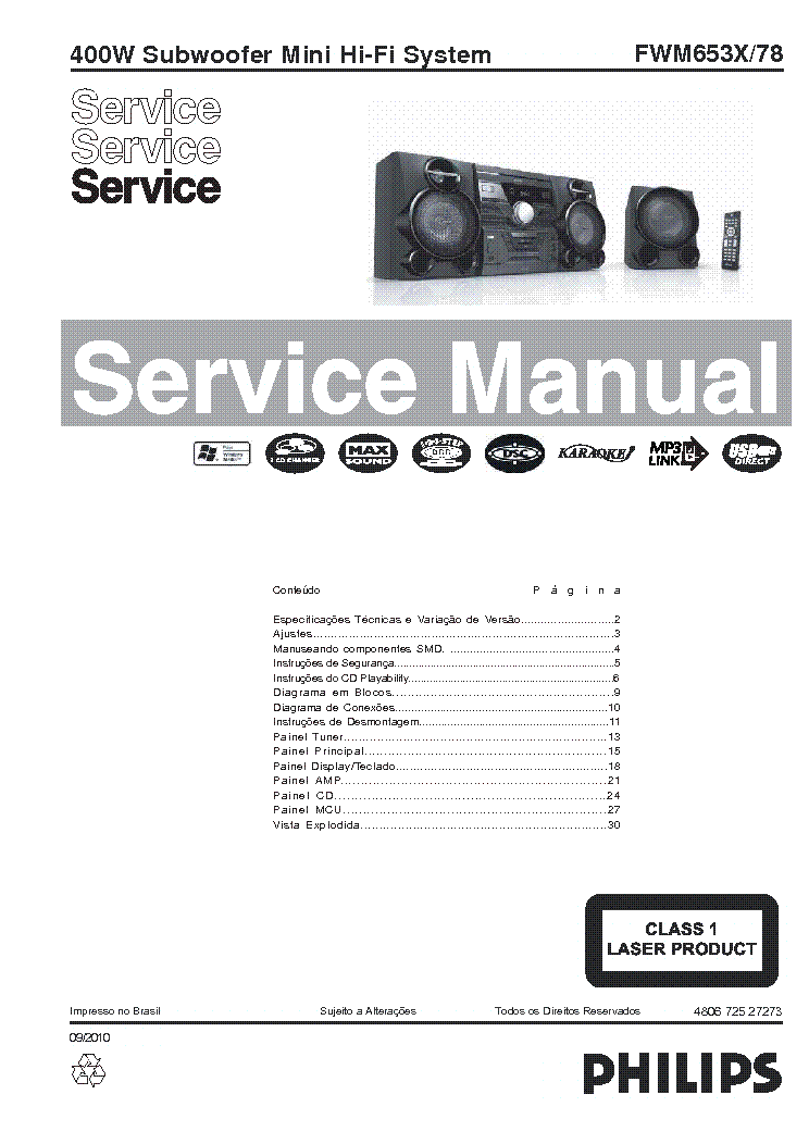 PHILIPS FWM653X-78 SUBWOOFER MINI SYSTEM SM service manual (1st page)