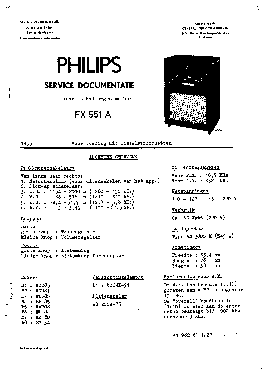 PHILIPS FX551A RADIO GRAMO 1955 SM service manual (1st page)