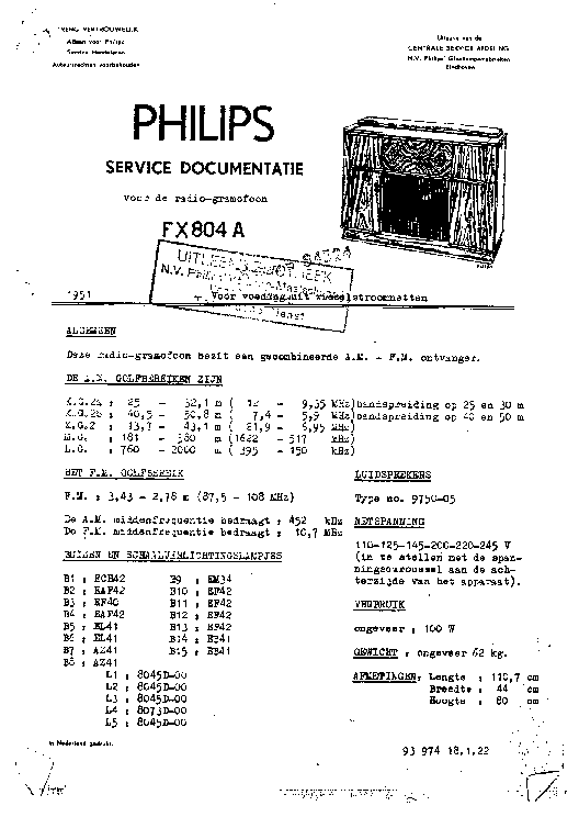 PHILIPS FX804A RADIO GRAMO 1951 SM service manual