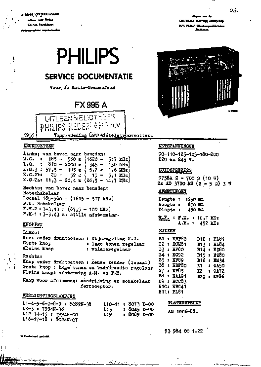 PHILIPS FX995A RADIO GRAMO STEREO PA 1955 SM service manual (1st page)