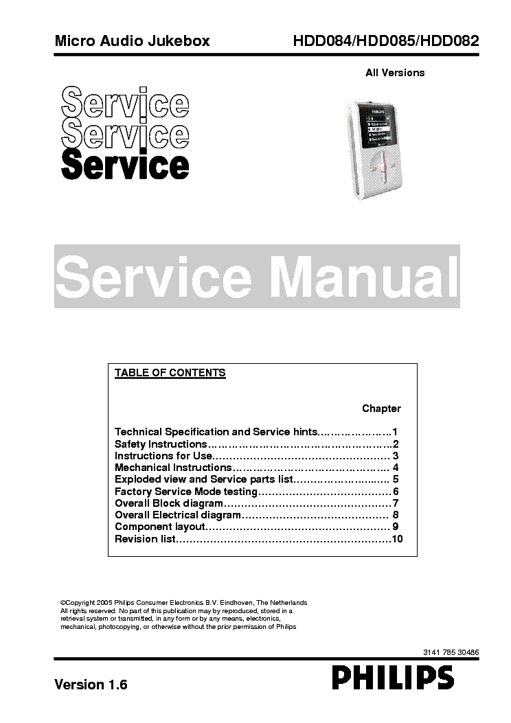 PHILIPS HDD082 HDD084 HDD085 VER-1.6 SM MICRO AUDIO JUKEBOX SM service manual (1st page)