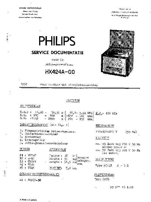 PHILIPS HX424A-00 RADIO GRAMO 1952 SM service manual (1st page)