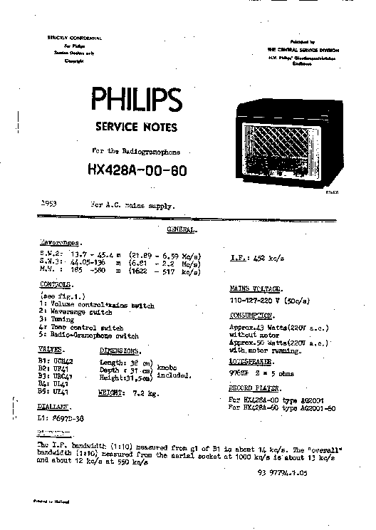 PHILIPS HX428A SERIE RADIO GRAMO 1953 SM service manual (1st page)