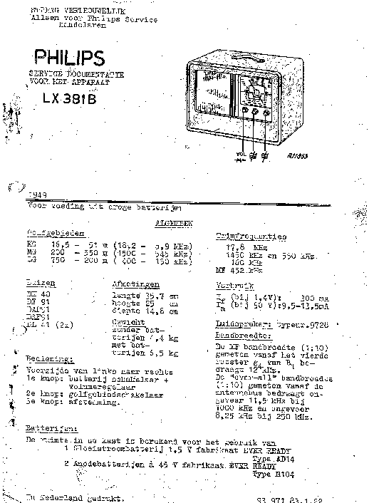 PHILIPS LX381B PORTABLE RADIO 1949 SM service manual (1st page)
