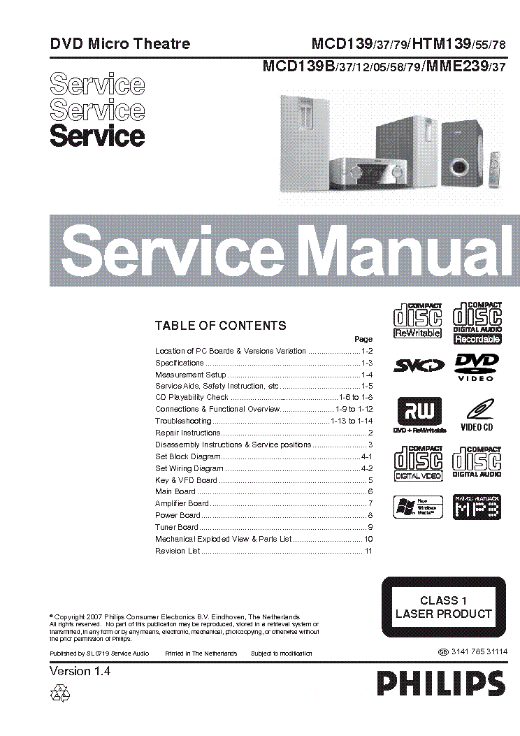 PHILIPS MCD139 HTM139 MCD139B MME239 VER1.4 service manual (1st page)