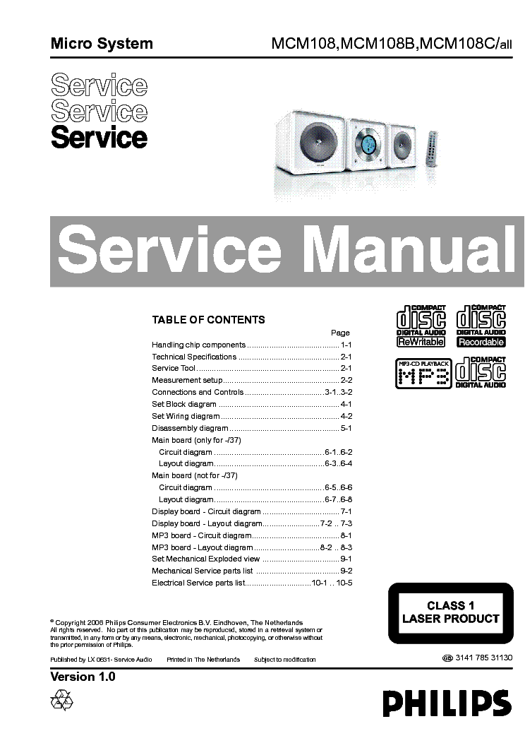 PHILIPS MCM108 MCM108B 314178531130 VER.1.0 service manual (1st page)
