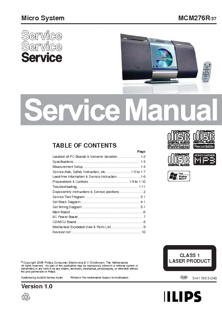 PHILIPS MCR276R 314178531240 VER.1.0 service manual (1st page)
