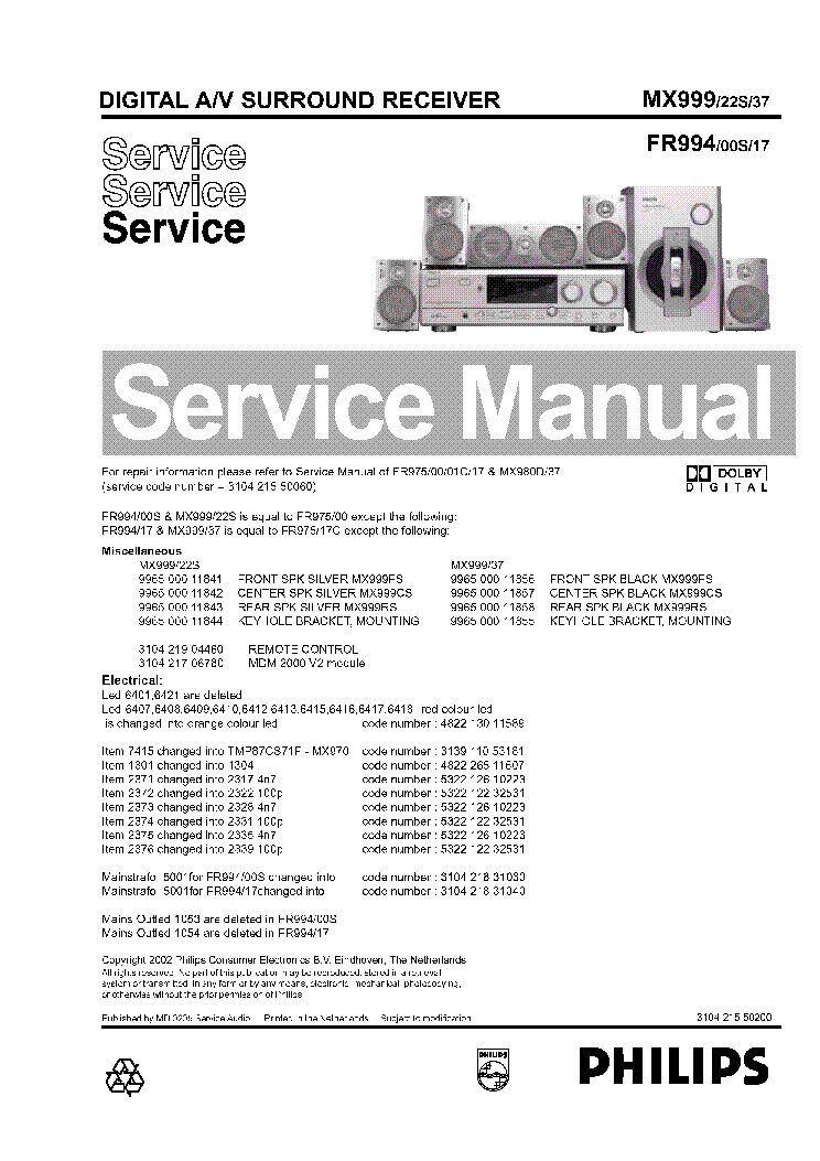 PHILIPS MX999-22S-37 FR994-00S-17 SM 2 service manual (1st page)