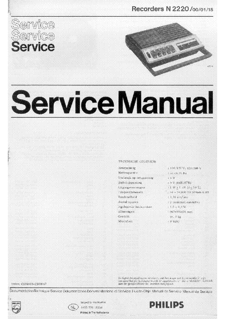 PHILIPS N2220 SERIES MONO CASSETTE RECORDER SM service manual (1st page)